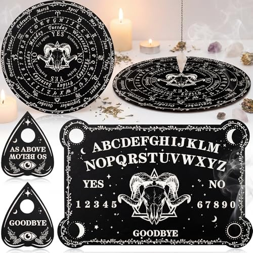 Threan Pendulum Dowsing Divination Board with Amethyst Set Wooden Spirit Talking Board Metaphysical Message Crystal Pendulum Necklace with Planchette for Wiccan Supply(Ram Skull Style)