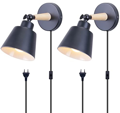 TOKIUS 2 Piezas Apliques de Pared Interior Moderno Lámpara de Pared para Dormitorio en Madera y Metal E27 Iluminación Ajustable Luz de Muro para Salón Pasillo (Negro, con Interruptor Enchufe)