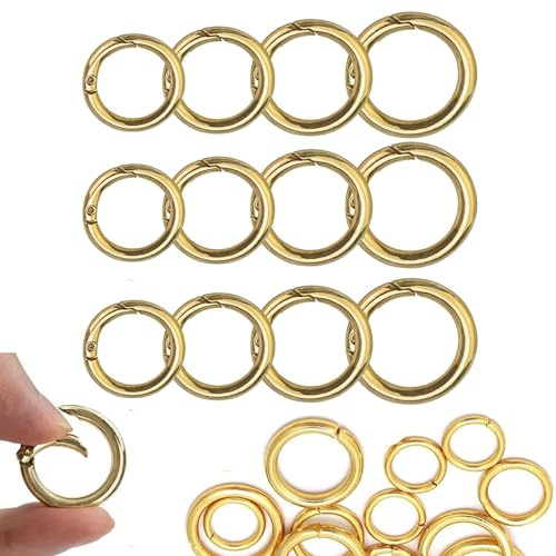 24 Stück Rund Karabinerhaken,18/20/25/27 mm O-Ring Zinklegierung Karabiner Federspaltringe Schlüsselring Klein für Bastelarbeiten, DIY Taschenringe Handwerk Machen, für Schlüssel und Handwerk(Gold)
