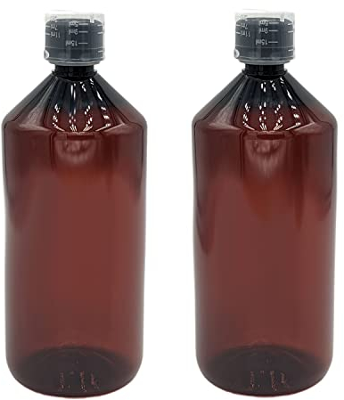 Devitre 2 braune Laborflaschen 1000 ml Kunststoff mit Deckel Messbecher und Etiketten