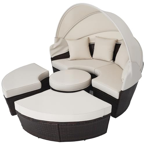 VONLUCE 5 Piece Modular Wicker Patio Furniture Set with Daybed and Central Stool, Outdoor Sectional Sofa Set with Rattan Daybed or 4 Chairs, Round Table, Retractable Canopy, Pillows&Cover(Beige)
