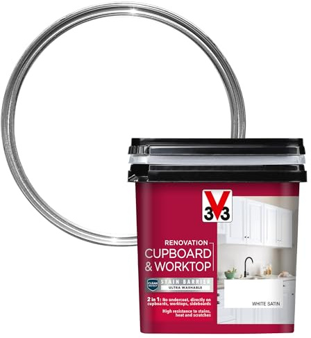 V33 Renovation Cupboard & Worktop Paint - No Undercoat Needed - High Resistance To Water Stains & Scratches - Ultra Washable - White Satin 750ml