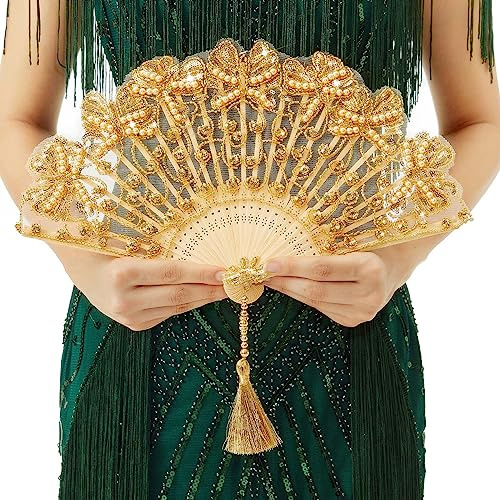 BABEYOND Non-Foldable Lace Hand Fan, Rhinestone Embroidered Wedding Decor | handmade cotton lace fan with bamboo ribs, rhinestones, beads and tassel, ideal for wedding, Gatsby party, dance performance