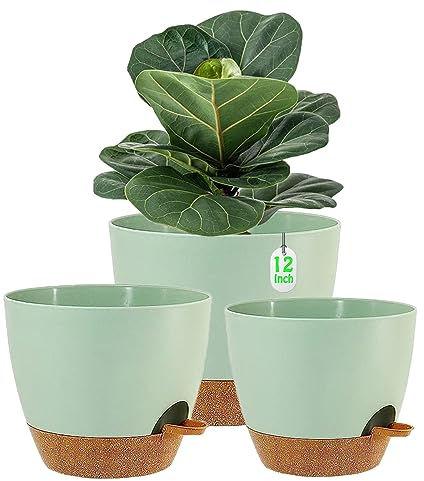 SUN-E Selbstbewässernde Pflanzgefäße Pflanztopf für alle Zimmerpflanzen, grüne Plastikblumentöpfe mit Drainageloch&Tiefes Reservoir Geschenkidee für Haus Dekorationen 3Stück/Satz