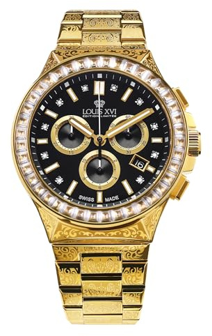 LOUIS XVI Le Monarque Royale Iced 1216 Montre chronographe pour homme avec mouvement à quartz suisse 42 mm Bracelet en acier inoxydable Cadran doré et diamants véritables Noir, or