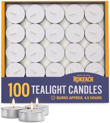 Rokeach Unscented Tea Lights Candles, (100 Count) 4.5 Hours | Votives Small Candles, Long Lasting Tea Lights Bulk for Shabbat, Home, Events, Holidays, Pool Side Decor, Weddings and Emergencies