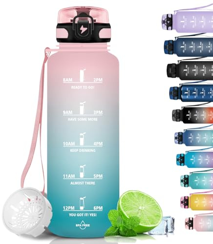 Grsta Borraccia 1.5 L, Borraccia Sportiva, A Prova Di Perdite, Borraccia Palestra, senza BPA con Indicatore del Tempo Motivazionale, per Palestra, Bicicletta, Scuola, Ufficio - Rosa-ciano
