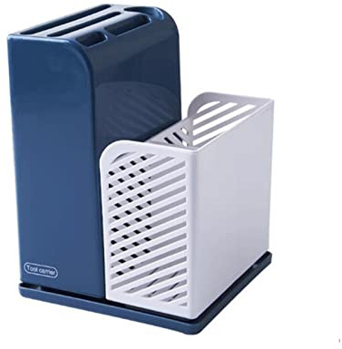 QTANZIQI Multi-Purpose Cutlery Organizer: Blue and White Utensil Holder with Drainer Tray for Kitchen Accessories