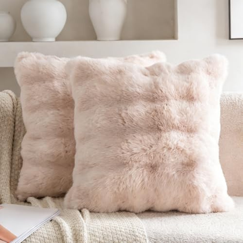 Neelvin 2er Set Decorative Kissenbezug Superweichen Plüsch Kurze Wolle Kissenhülle Luxus Zierkissenbezüge Sofakissen für Sofa Wohnzimmer Schlafzimmer 40x40cm Beige