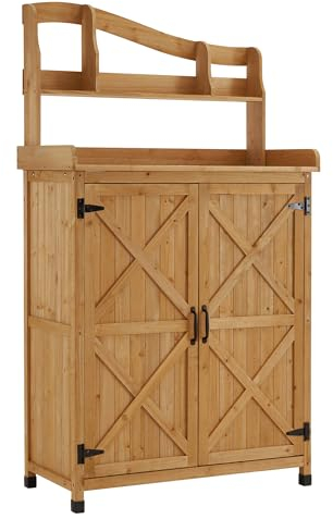 M MCombo Pflanztisch Gärtnertisch Blumentisch, Outdoor wetterfest, mit Arbeitsplatte, aus Holz, für Garten Balkon und Terrasse, 0439 (Natürlich)