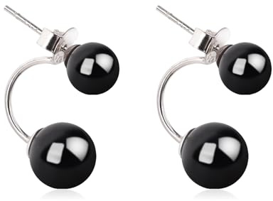 Hmzidz Eleganti Orecchini in Onice Nero/Rossi per Donna,Orecchini a Lobo Argento Sterling 925,Orecchini a Bottone Doppia Sfera,Orecchini Pendenti con Pietre Naturali (Nero)