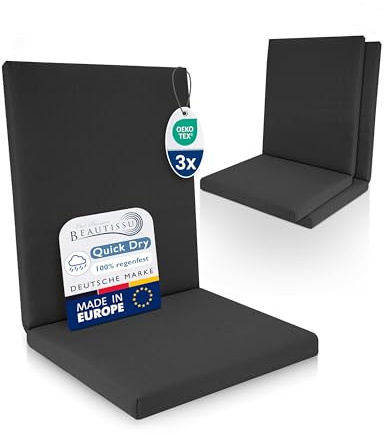 Beautissu 3er Set Premium Niedriglehner Auflage 100% Wasserdicht Sitzkissen | 100x50cm Anthrazit Gartenstuhl bequem pflegeleicht waschbar Polsterauflage Gartenmöbel Stuhlauflage UV-beständig Garten QD-NL