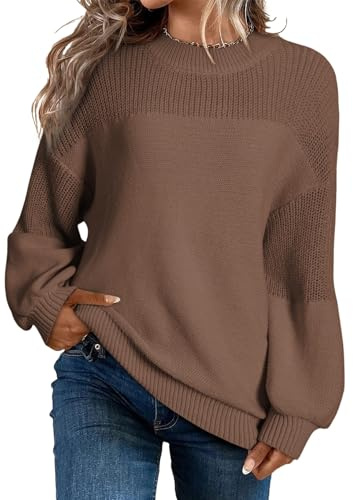 Dokotoo Womens Long Sleeve Knit Sweater Casual Solid Color Crew Neck Fall Sweaters for Women Trendy 2025 Outfits Chocolate Brown Fall Clothes Clothing Winter Oversized Pullover Top Jumper Large