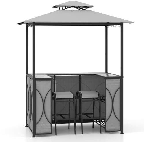 RELAX4LIFE 3-TLG. Gartenbar Set, Bartisch mit 2 Barhockern, Stehtisch mit Regalen, Glashaltern & Haken, Grillpavillon mit Doppeldach, Gartentheke Gartenmöbel (Grau)