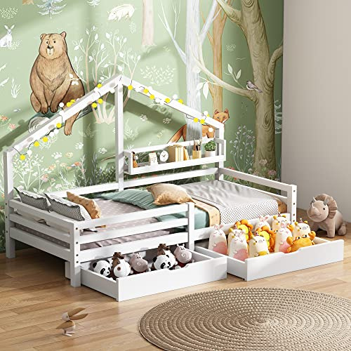 Hausbett 90x200, Kinderbett mit Ablageregal und 2 Schubladen, Kleinkinderbett Jugendbett aus Kiefer mit Rausfallschutz und Lattenrost, Bettgestell für Haus Kinder Jungen Mädchen, ohne Matratze, Weiß