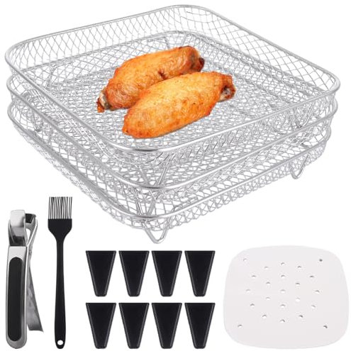 LDXDRU Estante cuadrado de 3 capas para freidora de aire, estantes deshidratadores apilables, bandeja de acero inoxidable para horno asado, incluye clip, cepillo, 8 pies altos, 200 piezas de papel