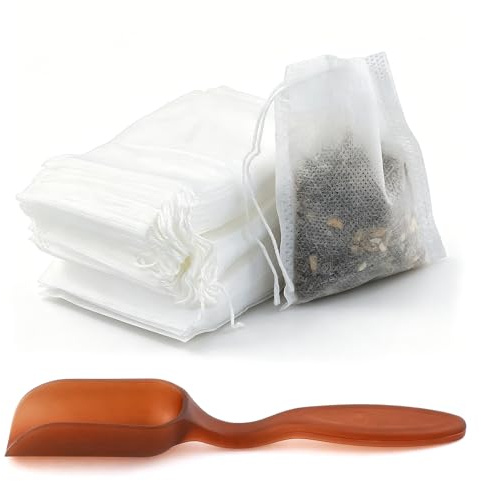 REBECASKYENS 200 Pcs Disposable White Fabric Tea Infuser Bags with Plastic Tea Shovel, 2.73 x 3.56 inch