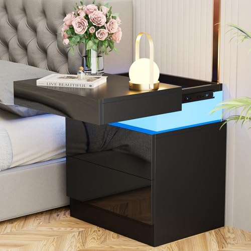 PIPIPOXER Nachttisch mit LED Licht, Nachttisch Schwarz Hochglanz mit 2 Schubladen, Versteckter Stauraum Oben, LED Einstellbare 16 Farben, Beistelltisch Nachtschrank für Schlafzimmer Wohnzimmer, Modern