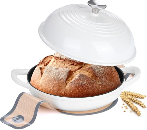 Leonyo Ronde à pain – Cocotte en fonte émaillée de 5,7 l avec couvercle – Batterie de cuisine à revêtement épais avec tapis de cuisson en silicone anti-adhésif pour la cuisine, blanc