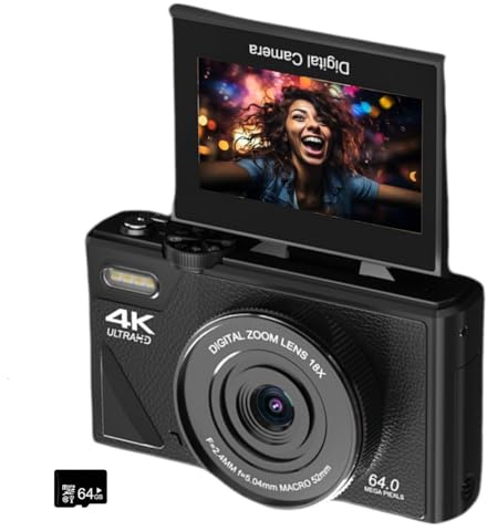 Fotocamera digitale 4K, 64 MP, fotocamera digitale ad alta risoluzione con schermo flip da 3 pollici, piccola fotocamera WQV per YouTube, fotografia e video, zoom digitale 18x, scheda TF, regalo (nero