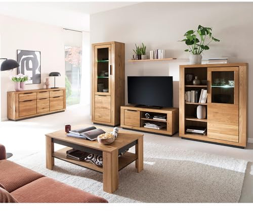 Lomadox Wohnwand Wohnmöbel Set Eiche teilmassiv 6-teilig, 1 Vitrine, 1 Wandboard, 1 Lowboard, 1 Highboard, 1 Couchtisch, 1 Sideboard inkl. Beleuchtung
