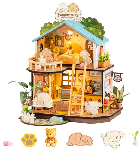 Rolife Miniatur Haus - DIY Miniature House Welpen gemütliche Villa, DIY Puppenhaus 3D-Puzzle Mini Haus Selber Bauen Diorama Modelbau für Erwachsene Bücherregal Deko