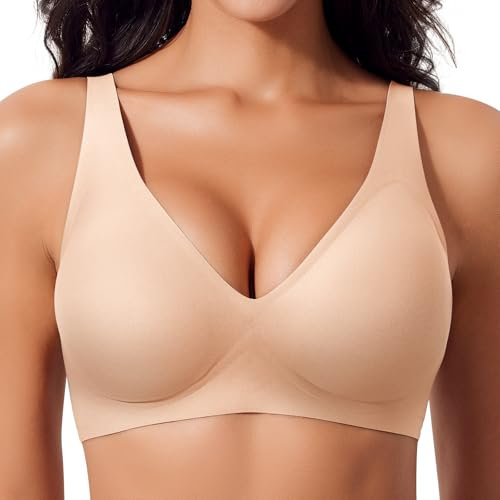 Damen BH Tiefem V-Ausschnitt Nahtloser BH Ohne Bügel Push Up BHs Bralette Soft Bequem BHs Bügellos Bustier (Beige, M)