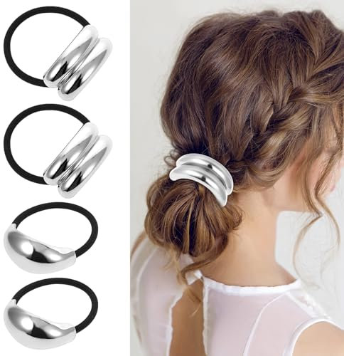 4 Stück Haarmanschetten aus Metall Haargummi Silber Armband Pferdeschwanzhalter Damen Haar-Accessoire Schwarz Elastisch Zopfgummi für Frauen und Mädchen Dickes Dünnes Lockiges