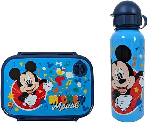 Diakakis Mickey Mouse - Juego de lonchera para niños, caja de sándwich y botella de agua de aluminio, 500 ml, juego de comida para el almuerzo escolar, viajes, sin BPA
