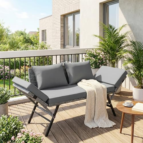 LIFERUN 2 en 1 Sofá Cama de Ratán, Muebles Jardín Convertible 2 Plazas con Reposabrazos Regulables para Terraza, Balcón, Exterior (Gris)
