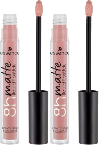 Essence Cosmetics Barra de labios líquida 8h matte, de larga duración, matificante, secado rápido, mate, 2.5 ml (Paquete de 2)