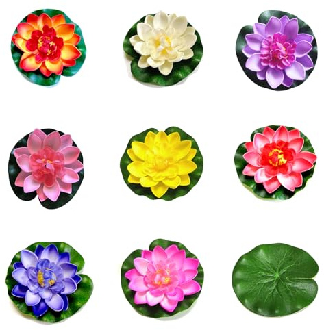 AHEJIOO 13 Stück Schwimmende Künstliche Seerosen mit Realistischen Lotusblättern, 8 Farben, Durchmesser 10 cm – Seerosen künstlich, Seerose Miniteich für Aquarium, Garten & Teich