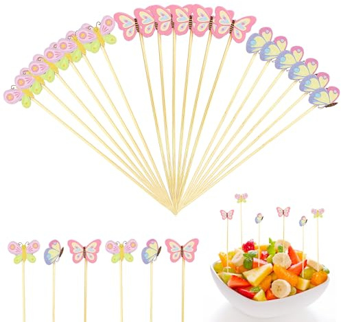 Spieße Fingerfood, 100 Stück Schmetterling Cocktailspieße, 12 cm Cocktailspieße Sommer, Cocktail Deko für Obstkuchen Desserts Lebensmittel Partydekoration (Schmetterling)