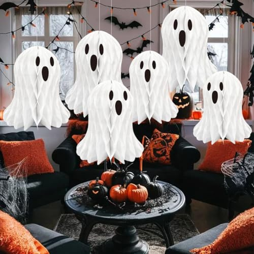 Tokusyou Halloween Deko Wabenball zum Aufhängen 6 Stück Geist Papier Hängende Honeycomb Balls Seidenpapier Wabenbälle für Home Party Halloween Tischdekorationen