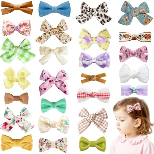26 Pack Fully Lined Baby Girls Hair Clips Bows Fine Handmade Non Slip Barrettes for Hair Accessories for Little Girls Infants Toddlers