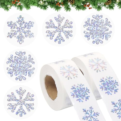 Aufkleber Weihnachten, 1000 Stück Weihnachten Sticker, Weihnachtssticker, Weihnachtsaufkleber Selbstklebend, Glitzer Schneeflocken Aufkleber Rolle, Geschenkaufkleber, Geschenk Weihnachtsdeko