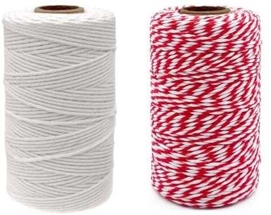 2 Pack Butchers String (1 Red-White + 1 White) – 2mm x 100m Each, Natural Cotton Strong Kitchen Twine, Food Safe for Meat Trussing, Sausage Tying, Chicken Roasting, DIY Projects & Gift Wrapping