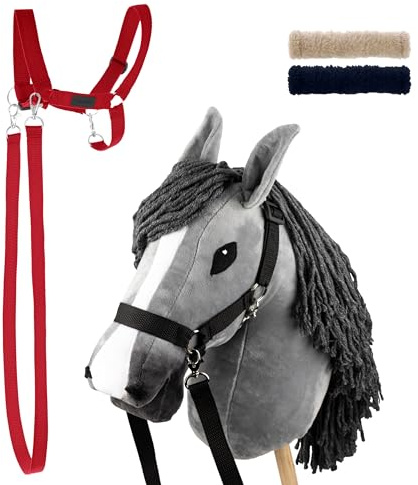 SKIPPI Set Hobby Horse Gris con Cabestro Rojo, A3 Gran Caballo de Palo y Hobby Horse Accesorios, 2 Cabestros, 2 Riendas, 2 Protectores de Forro Polar