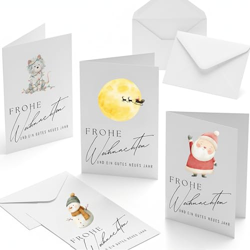 Weihnachtskarten Set mit Aquarellmotiven – 30 Klappkarten mit Umschlägen – Niedliche Weihnachtskarten im Aquarellstil für Familie & Freunde