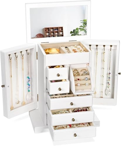 Emfogoo Schmuckkästchen 6 Ebenen, Schmuckaufbewahrung, Rustikales Holz Schmuckkasten 6 Schubladen mit Spiegel, Schmuck Organizer für Ringe, Ohrringe, Halsketten, Armbänder (Verwittertes Weiß)