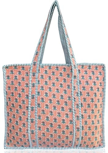 Third Eye Export Cotton Quilted Tote Bag for Women – Large Beach & Travel Tote with Zipper, Reusable Grocery Bag | Large Zipper Beach Bag & Travel Bag Purse, Work Tote, Reusable Grocery Bag, Quilted Shoulder Bag