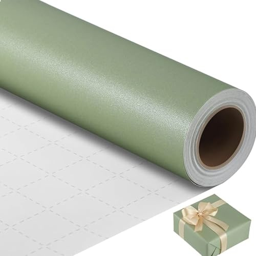 Hellgrün Geschenkpapierrolle - 43 cm x 10 m Grün Einfarbiges Geschenkpapier mit Perlmutt, Geschenkpapier Glitzer mit 1 Rollen khakifarbenes Band für Weihnachten Party Geburtstag Geschenkdekorationen