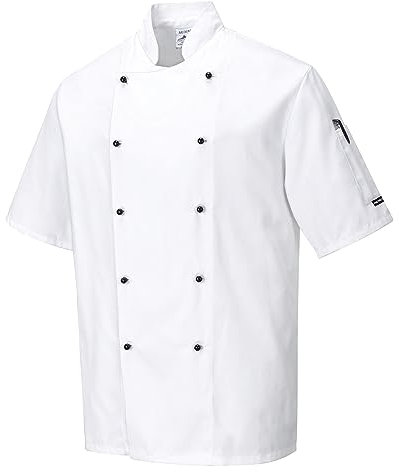 Portwest C734 Chef Jacket Protective Safety Short Sleeve Coat Stain Resistant Durable Workwear Unisex Professional Modern Chesfswear, White, X-Small