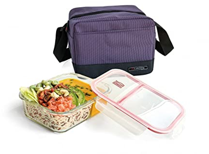 Iris Barcelona Real Lunch Bag, Set de Bolsa Térmica Porta Alimentos Ligera de 3,5 l y Táper de Cristal Dividido en 2 Compartimentos Apto para Microondas, Lavavajillas y Congelador 950 ml Lila