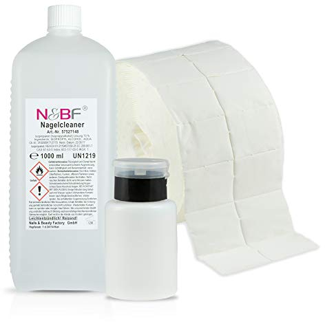 Quitaesmalte N&BF de 1000 ml, con botella dispensadora, 1000 algodoncillos limpiadores (2 rollos de 500 unidades de celulosa), de un 70% de alcohol isopropílico de 1 litro, para uñas pintadas