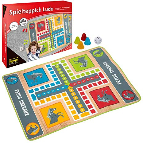 Idena 40126 - Spielteppich Ludo ca. 130 x 93 cm mit 16 Spielfiguren und einem Würfel, Gesellschaftsspiel für drinnen und draußen geeignet
