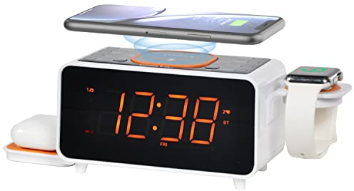 Radiosveglia, Caricabatterie Wireless Bluetooth 15 Watt, Porta USB, Doppia Sveglia Dock di Ricarica, Snooze, Sveglia Digitale Dimmerabile, Display da 1,4 Pollici Luce Notturna LED Arancio iTOMA CKS209