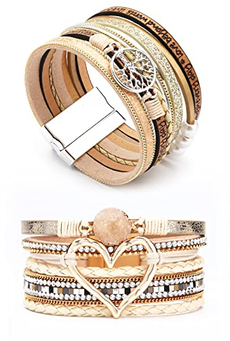 Dochais Armbänder Damen Set, 2 Stück Mehrschichtiges Lederarmband, Boho Wickelarmband Mit Handgelenksmanschette Und Magnetschnalle Für Frauen (Gold)