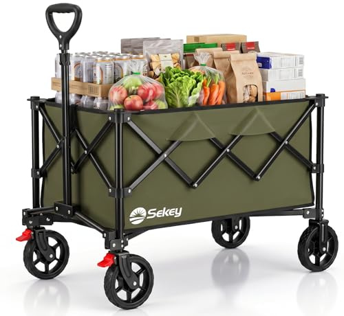Sekey Bollerwagen Faltbar 135L 150KG Belastbar, Transportwagen klappbar mit Geländereifen mit Bremse, Patentiert 4-Wege-Sofortaufbau Handwagen, XXL 4026, Olivgrün