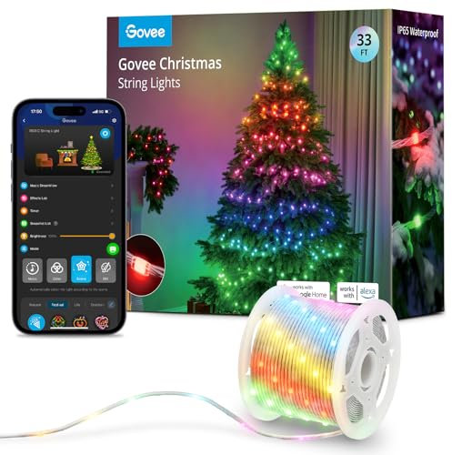 Govee Christmas String Lights, Christmas Decorations Outdoor, 10M RGBIC Indoor Lights with 100 LED Lights, App Control with 125+ Dynamic Scene Modes, IP65 Waterproof. Work with Alexa
